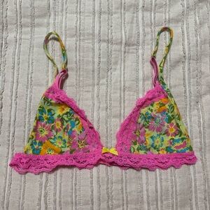 Betsey Johnson Floral Triangle Bralette with Hot Pink Lace Trim